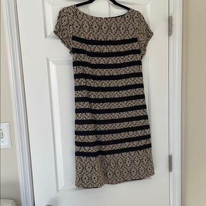 Tabitha Tan Sheath Dress with Cap Flutter Sleeves and Bateau Neckline